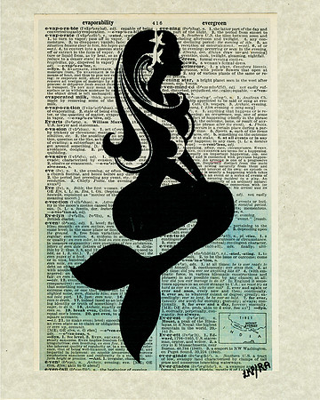 Original Mermaid with Ombre Teal on Vintage Dictionary Page